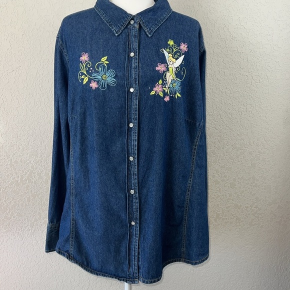 Disney Vintage Tinker Bell Pearl Snap Denim Button Down Collard Shirt - Picture 1 of 8